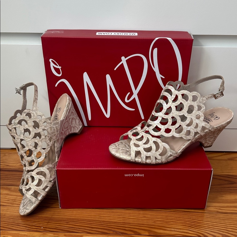 Impo Nyrobi snake print Wedge Sandals, laser cut sandals, gold metallic wedge